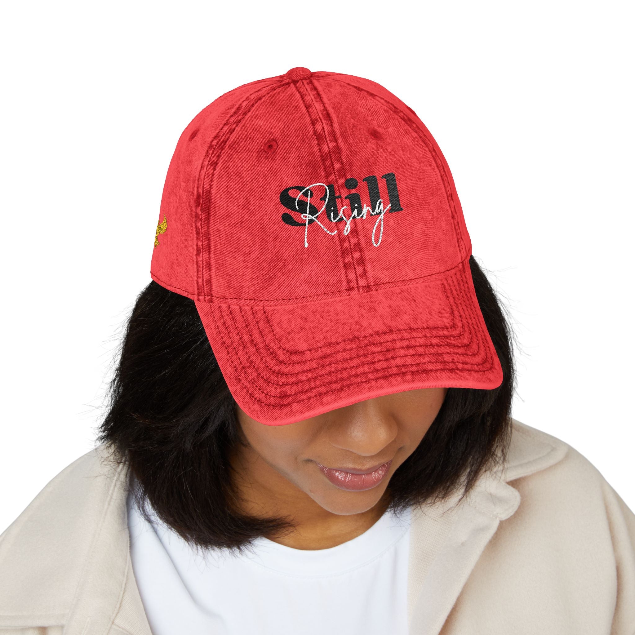 Distressed "Still Rising" Embroidered Baseball Cap — Red, Charcoal or Maroon