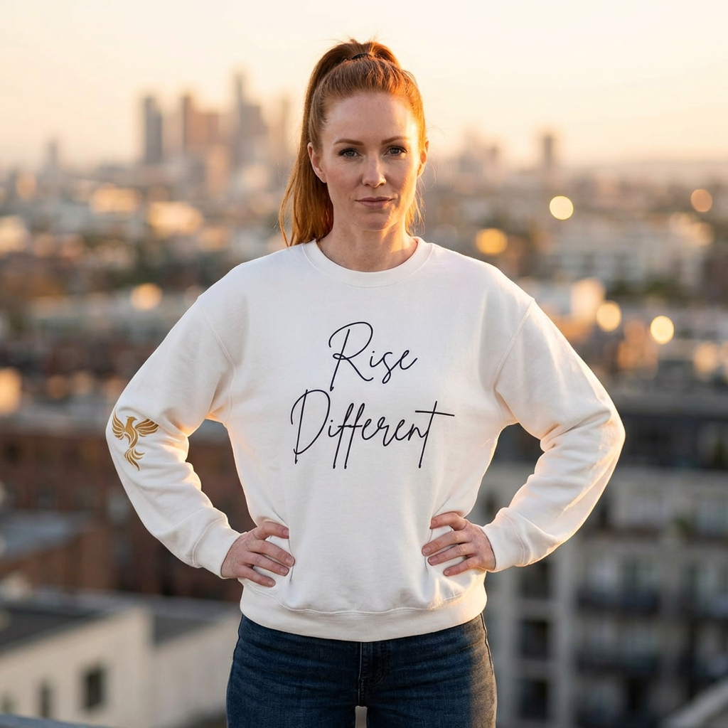Rise Different Crewneck Sweatshirt – Inspirational Script Pullover With Gold Phoenix Sleeve