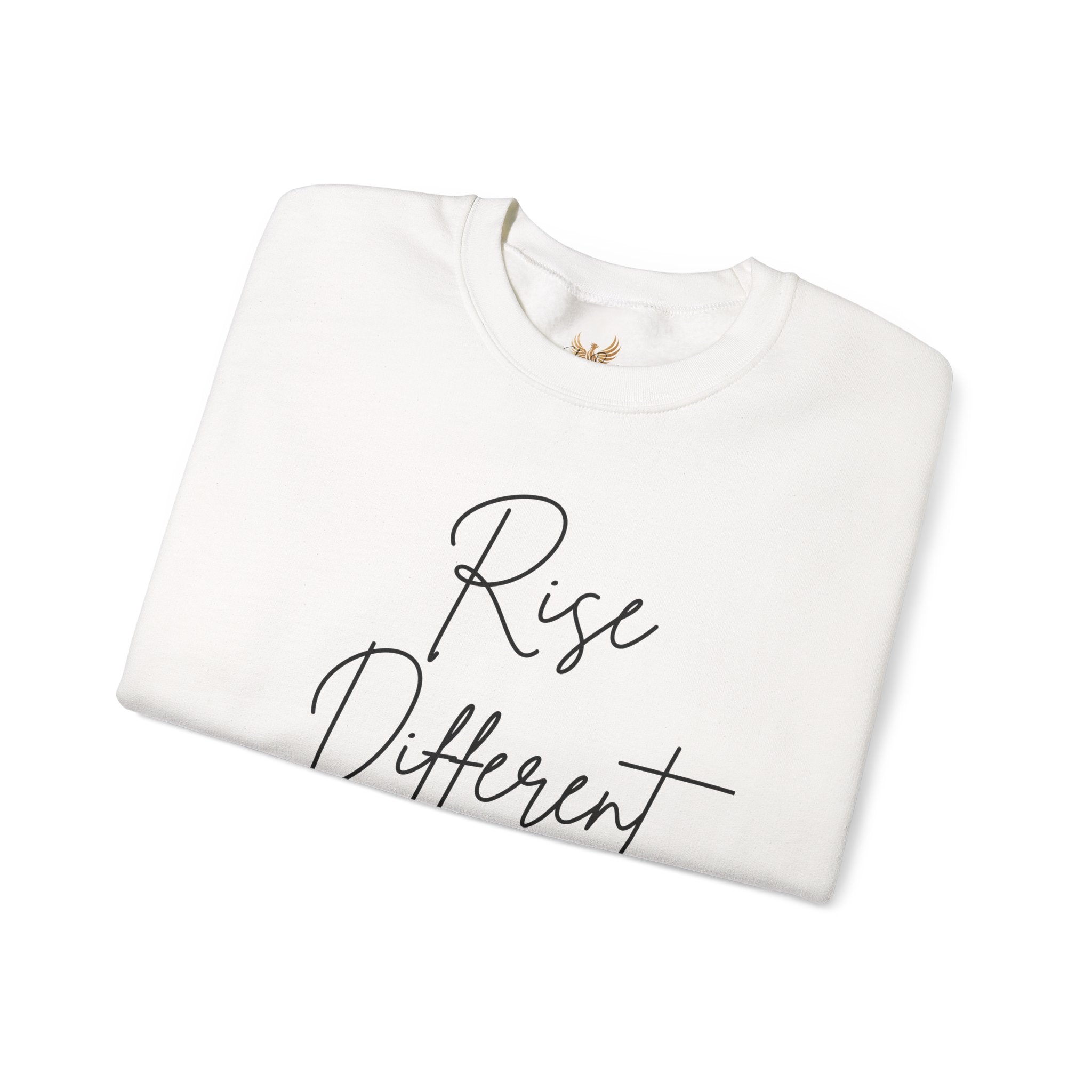 Rise Different Crewneck Sweatshirt – Inspirational Script Pullover With Gold Phoenix Sleeve