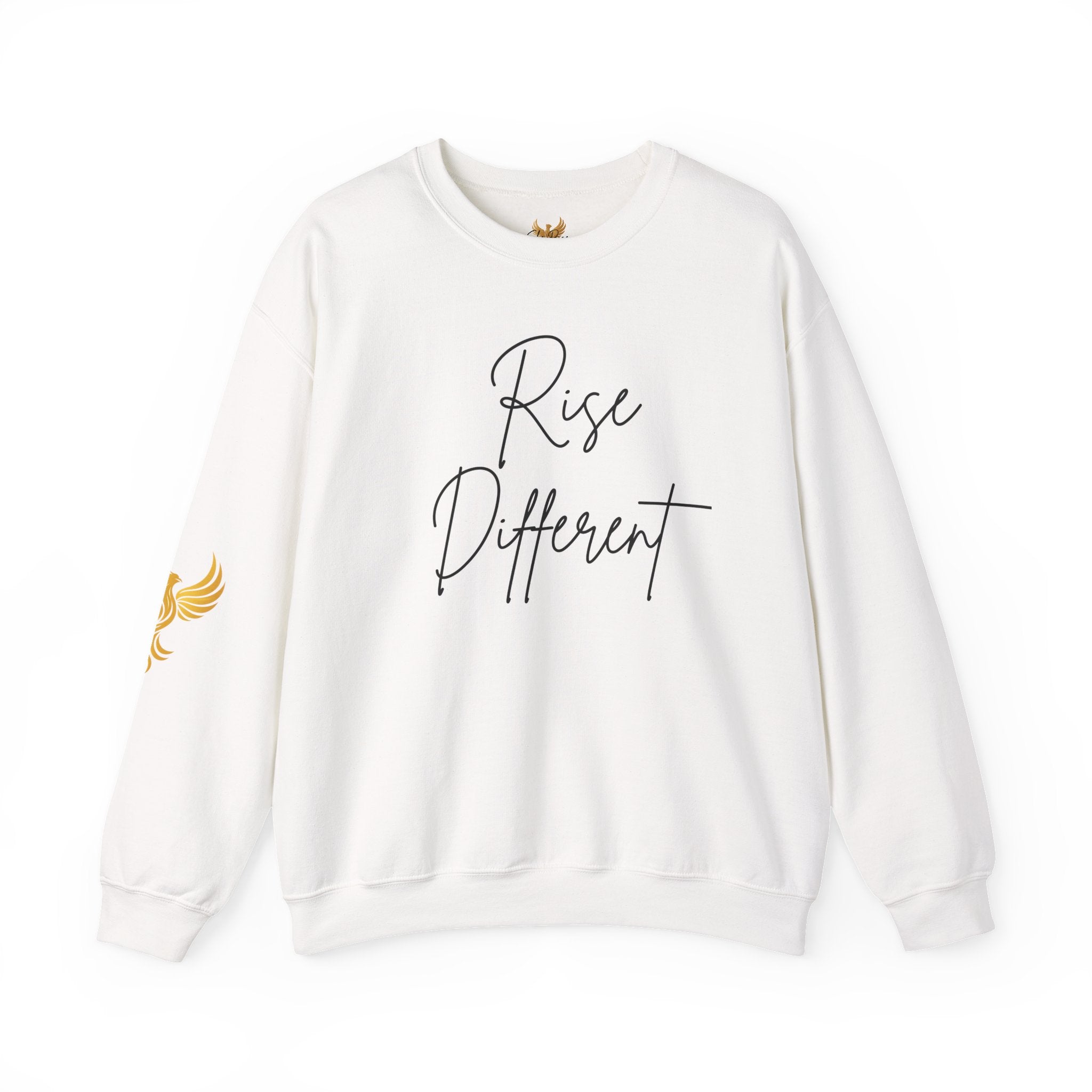 Rise Different Crewneck Sweatshirt – Inspirational Script Pullover With Gold Phoenix Sleeve