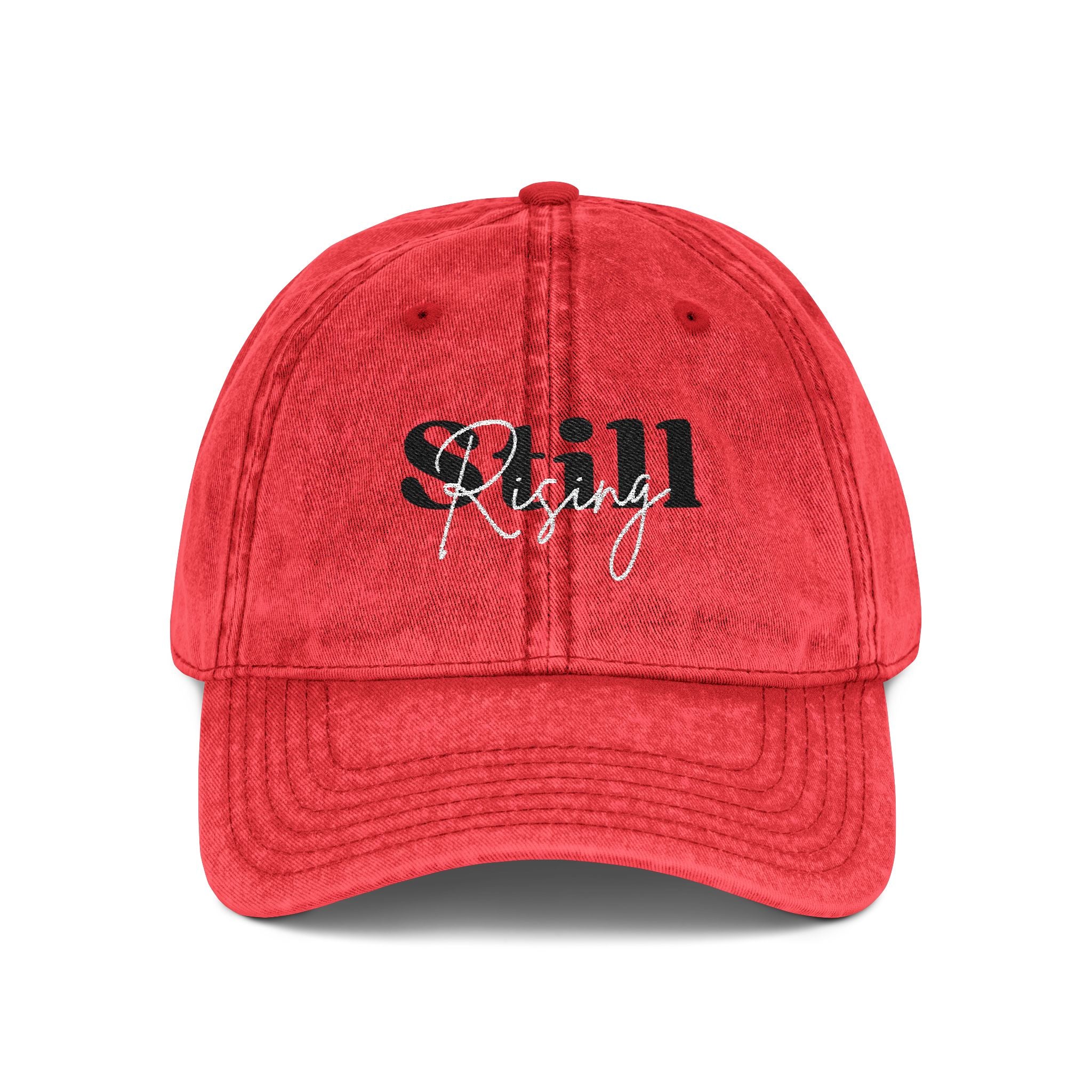 Distressed "Still Rising" Embroidered Baseball Cap — Red, Charcoal or Maroon